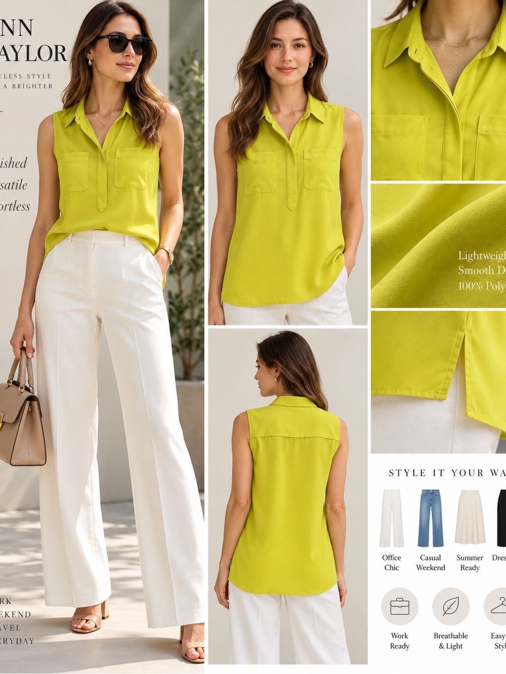 Ann Taylor Lime Green Sleeveless Button Blouse Top XS